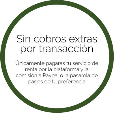 Sin cobros extras por transacción   Únicamente pagarás tu servicio de renta por la plataforma y la comisión a Paypal o la pasarela de pagos de tu preferencia