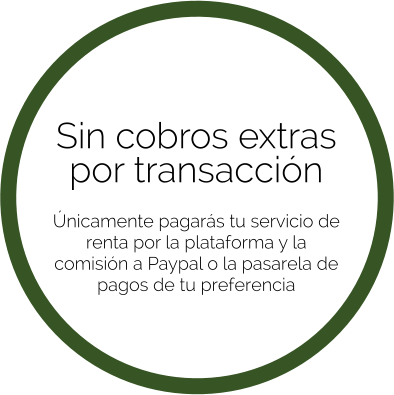 Sin cobros extras por transacción   Únicamente pagarás tu servicio de renta por la plataforma y la comisión a Paypal o la pasarela de pagos de tu preferencia